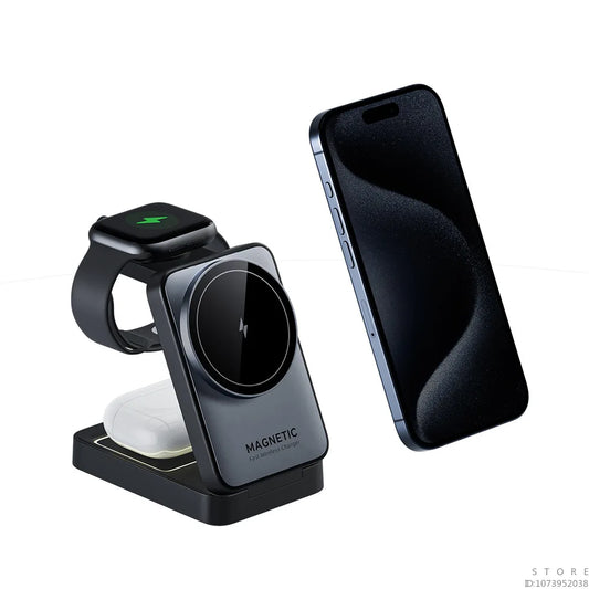 Foldable Magnetic 3 in 1 Wireless Charger with Light for iPhone 16/15/14/13 Pro Max, AirPods, iWatch Fast Charging Stand