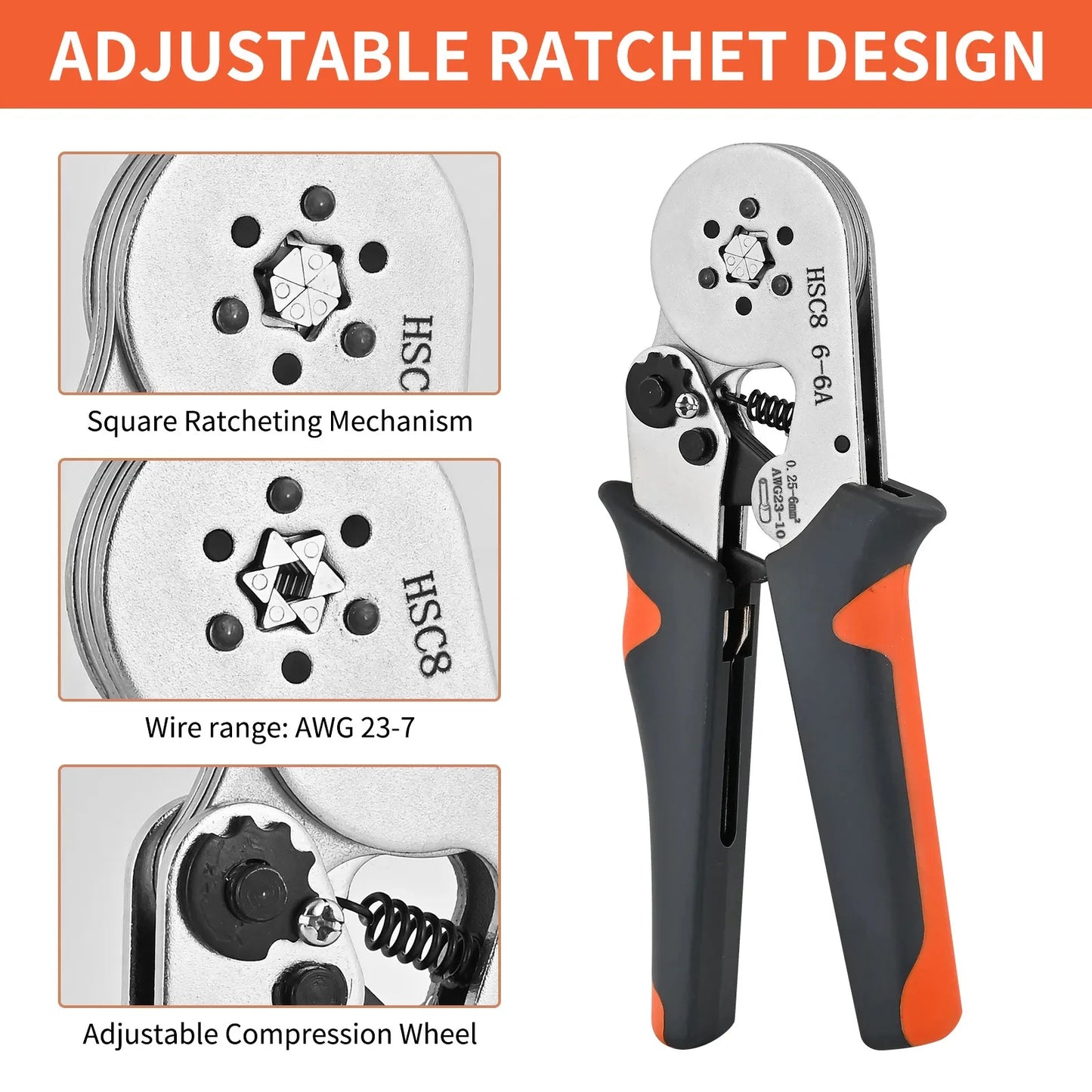 Mini Crimping Pliers HSC8 6-4/6-6 (0.25–10mm²) for Wire Ferrules & Terminal Repairs